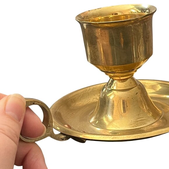 Vintage Solid Brass Chamber Candlestick Holder Tapers Finger Loop Made in India - Picture 6 of 9